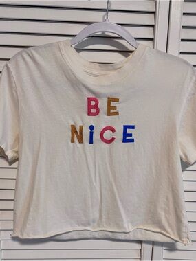Mighty Fine Cream Tee with embroidered “BE NICE”